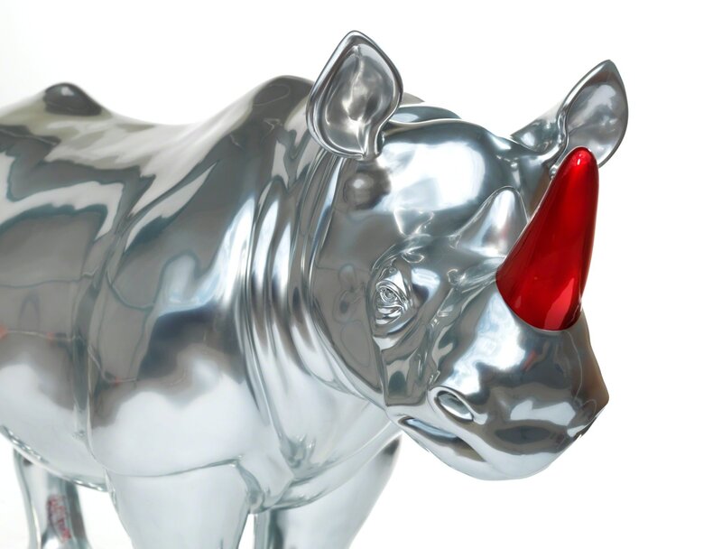 Gerry McGovern, ‘Moreton’, 2018, Sculpture, Rhino: fibreglass rhino (fire retardant) with internal armature Finish: Main body is painted in Mercury Chrome silver ground coat and the horn in Vermilion Red. Finished in gloss top coat., Tusk Benefit Auction