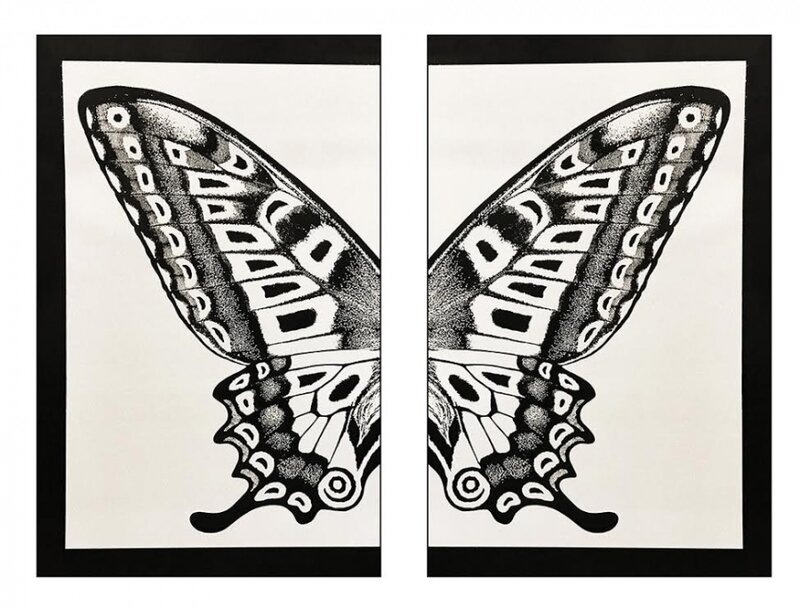 Rubem Robierb, ‘Diptych Butterfly, Black on Silver’, Print, Acrylic and hand made screenprint on canvas / Diamond Dust, Art Angels 