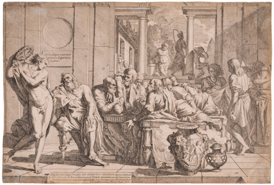 Plato's symposium: Socrates and his companions seated around a table discussing ideal love interrupted by Acibiades at left