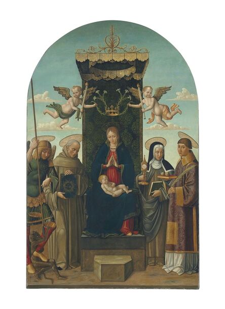 Gian Giacomo D'Alladio (called Macrino D'Alba), ‘The Madonna and Child enthroned, with Saints Michael, Bernardino of Siena, Clare and Stephen, two angels holding a crown with lilies above’