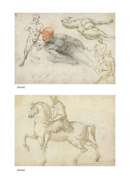 Cherubino Alberti, ‘Studies of male and female nudes, a satyr, a camel and other beasts (recto), The Marcus Aurelius equestrian statue (verso)’