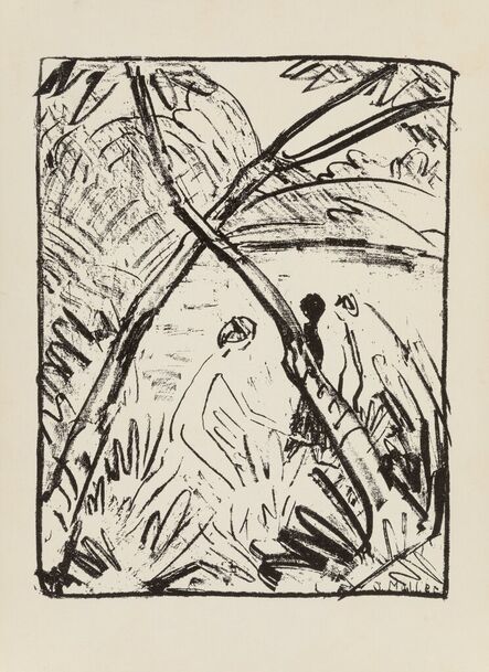 Otto Mueller, ‘Drei Figuren und gekreuzte Stämme, plate 19 from the periodical Der Bildermann’, 1916