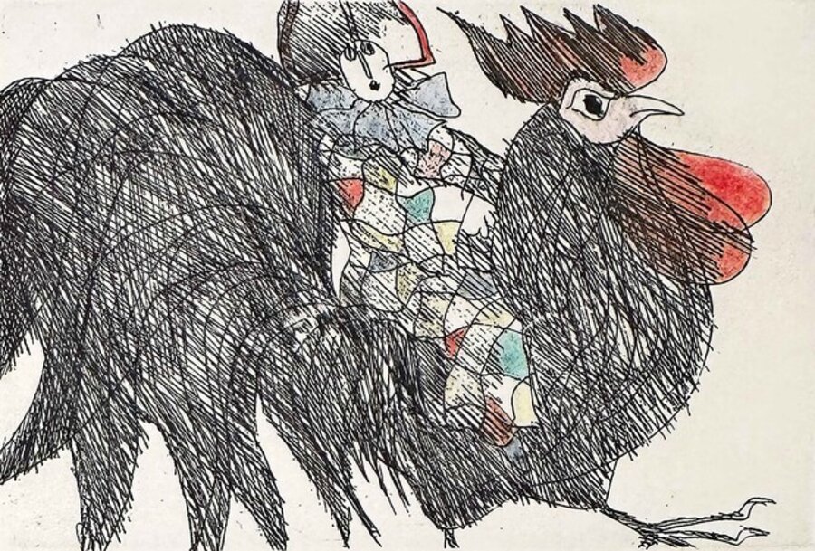 Harlequin on a rooster