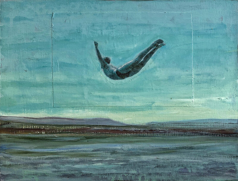 Tom Judd, ‘Diving Figure #9’, 2019, Painting, Acrylic with collage on panel, Sue Greenwood Fine Art