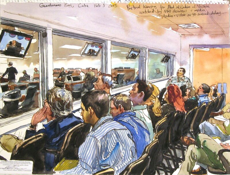 Steve Mumford, ‘2/5/13, Pretrial hearing for Abd al Rahim al Nashiri watched by NGO observers & media, Audio + Video on 40 second delay, Guantanamo Bay, Cuba’, 2013, Drawing, Collage or other Work on Paper, Ink and wash on paper, Postmasters Gallery