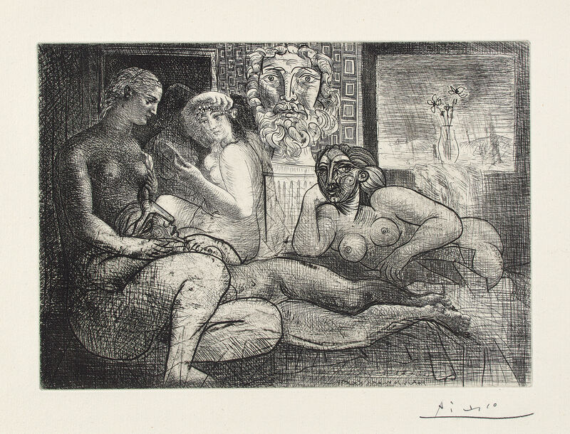 Pablo Picasso, ‘Quatre femmes nues et tête sculptée (Four Nude Women and a Carved Head), plate 82, from La Suite Vollard’, 1934, Print, Etching, on Montval laid paper watermark Vollard, with full margins., Phillips