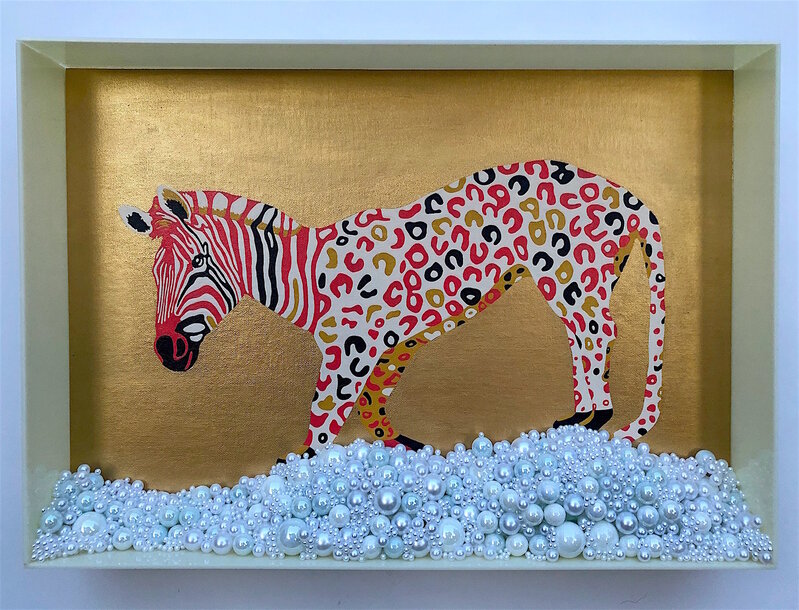 Erica Rosenfeld, ‘ZEBRA-LEOPARD’, 2019, Mixed Media, Acrylic on canvas, glass marbles, pearls, acrylic frame and mixed media, Traver Gallery