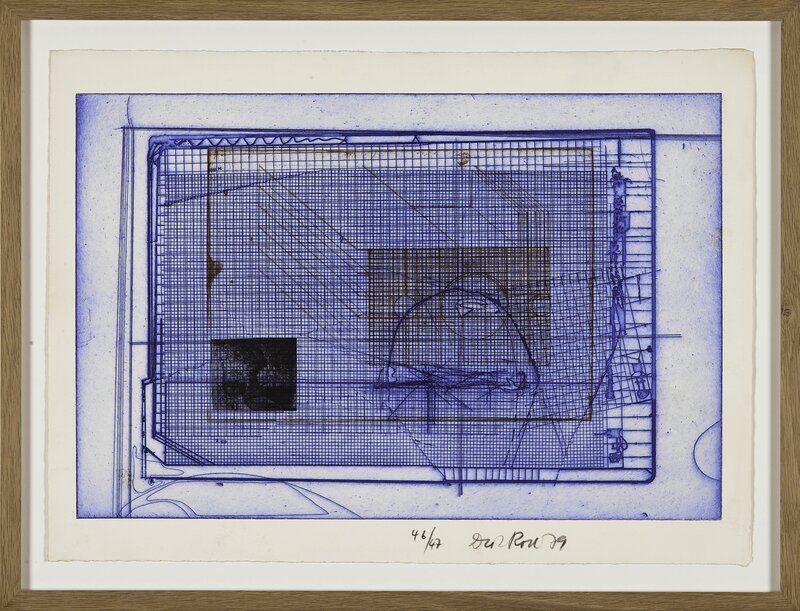 Dieter Roth, ‘Brauner Käfig in blauem (Brown Cage in Blue Cage)’, Print, Intaglio printing (etching in zinc) with additions on white handmade paper, BERG Contemporary