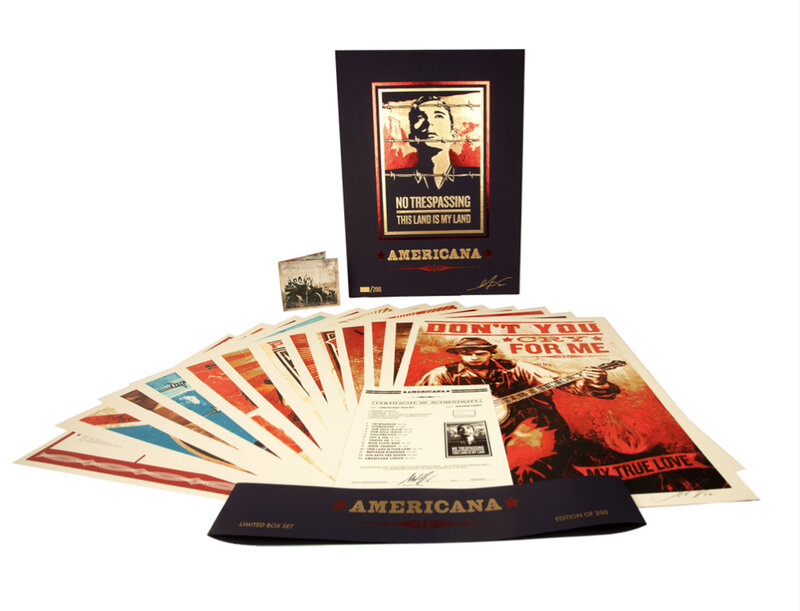 Shepard Fairey, ‘'Americana' Box Set’, 2012, Print, Collaboration with rock music icon Neil Young. 13-screen prints in color on cream, Speckletone fine art paper; Neil Young "Americana" CD., Signari Gallery