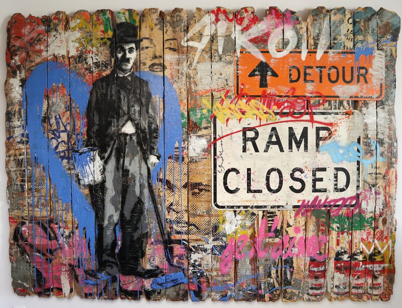 Mr. Brainwash, ‘Chaplin’, 2016, Mixed Media, Stencil and mixed media on wooden fence with metal street signs, House2Six