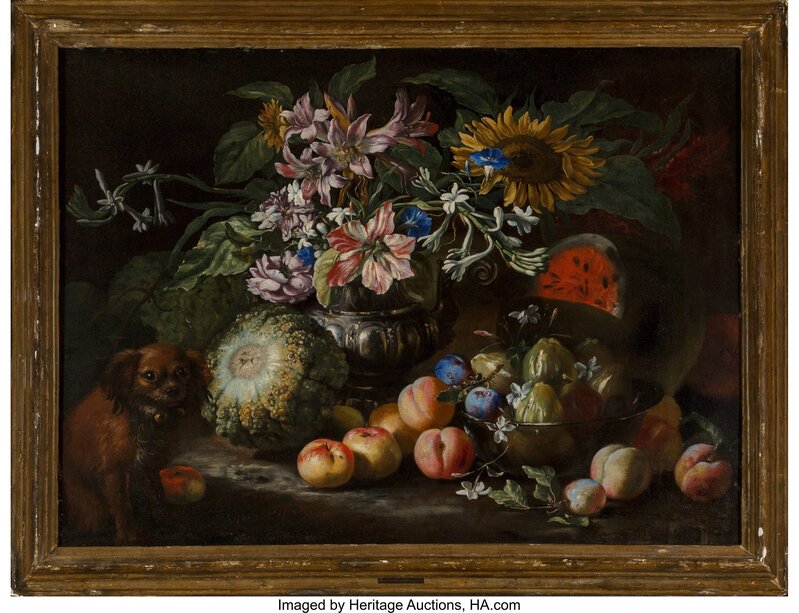 Abraham Brueghel, ‘A still life of fruit and flowers in a footed gadrooned silver vase with a spaniel looking on’, 1685, Painting, Oil on canvas, Heritage Auctions