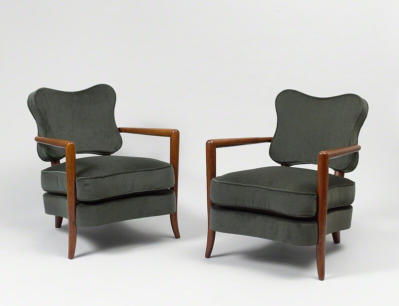 Jean Royère, ‘Pair of "trefle" armchairs’, ca. 1948, Design/Decorative Art, Oak and velvet, Galerie Jacques Lacoste