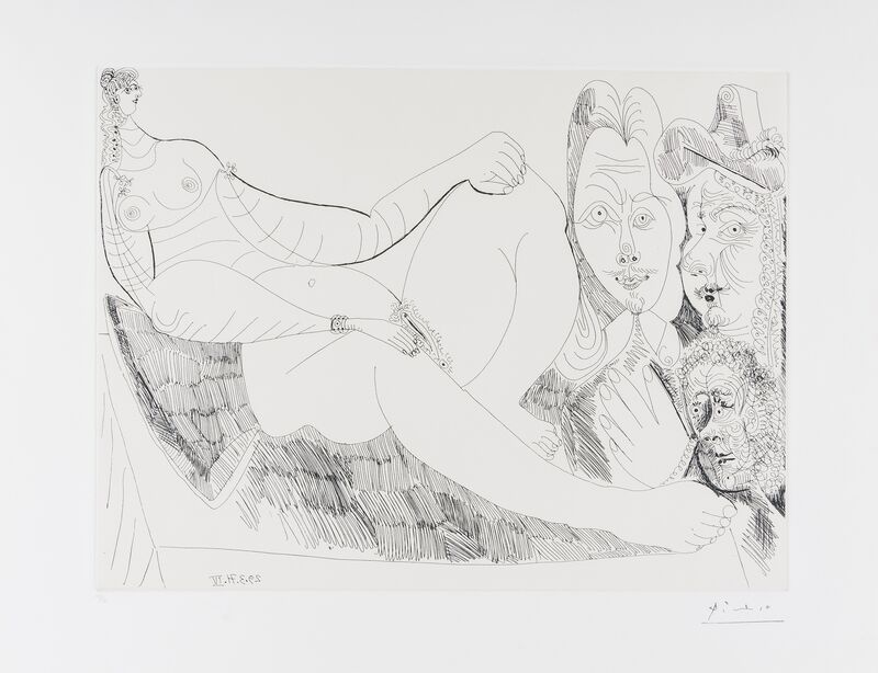 Pablo Picasso, ‘Femme au Lit avec Visiteurs en Costume du XVII siècle (Bloch 1956, Baer 1965 B a)’, 1971, Print, Etching, Forum Auctions