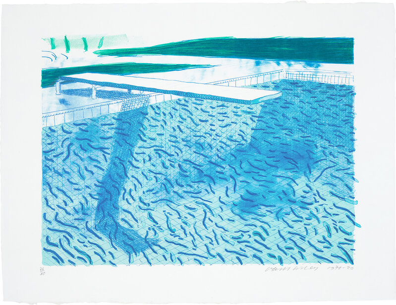 David Hockney, ‘Lithograph of Water Made of Thick and Thin Lines and Two Light Blue Washes (T.G. 250, M.C.A.T 207)’, 1978-80, Print, Lithograph in blue and green, on TGL handmade paper, with full margins., Phillips