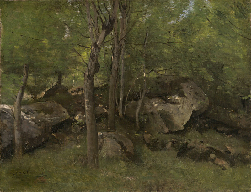 Jean-Baptiste-Camille Corot, ‘Rocks in the Forest of Fontainebleau’, 1860/1865, Painting, Oil on canvas, National Gallery of Art, Washington, D.C.