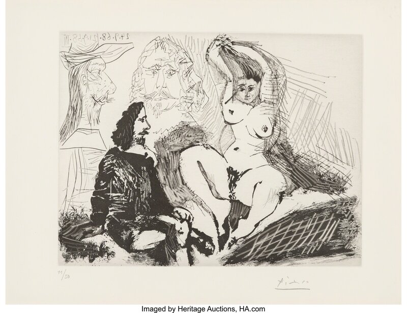 Pablo Picasso, ‘Homme assis auprès d'une femme se coiffant, avec, derriàre, deux peintres, from La série 347’, 1968, Print, Aquatint and drypoint on Rives BFK paper, Heritage Auctions