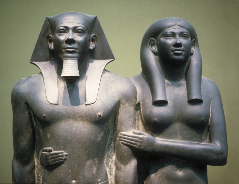 ‘King Menkaure (Mycerinus) and his Queen, Kha-merer-nebty II’, ca. 2548-2530 B.C. (Dynasty IV), Sculpture, Egypt (New Kingdom), Polychromed limestone, Allan Kohl