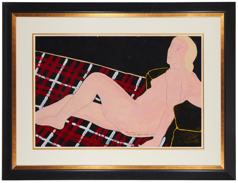 Joan Brown, ‘Nude with Plaid Blanket’, 1975, Drawing, Collage or other Work on Paper, Acrylic and graphite on paper under Plexiglas, John Moran Auctioneers