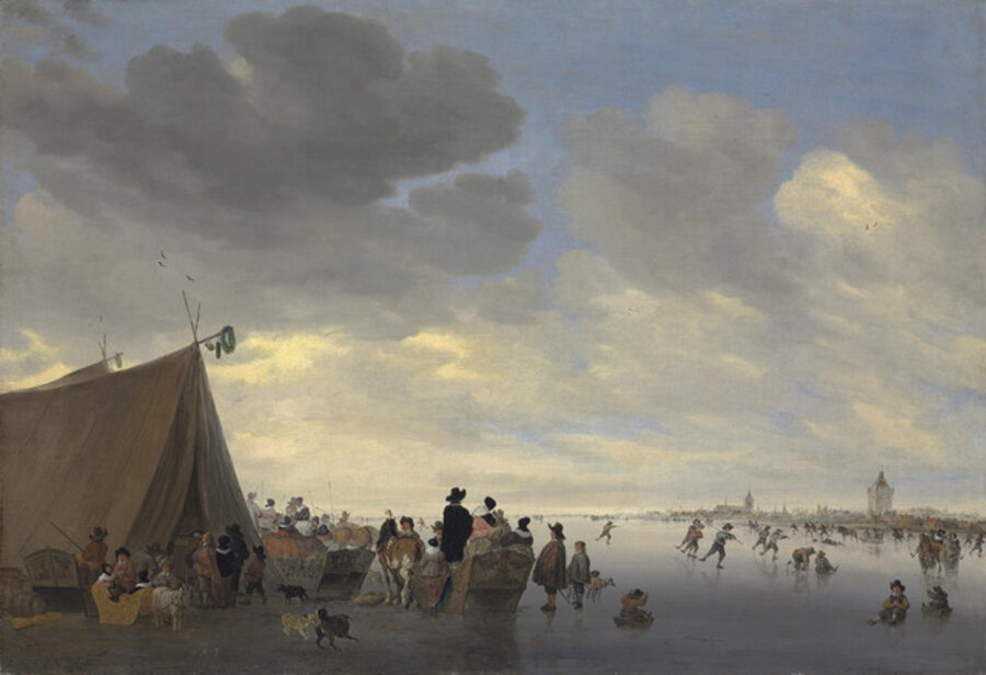 Skaters on the frozen river Lek, the town of Vianen beyond