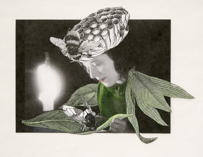 Stacey Steers, ‘Edge of Alchemy (woman with hive crown and candle)’, ...., Drawing, Collage or other Work on Paper, Hand-worked photo collage, Robischon Gallery