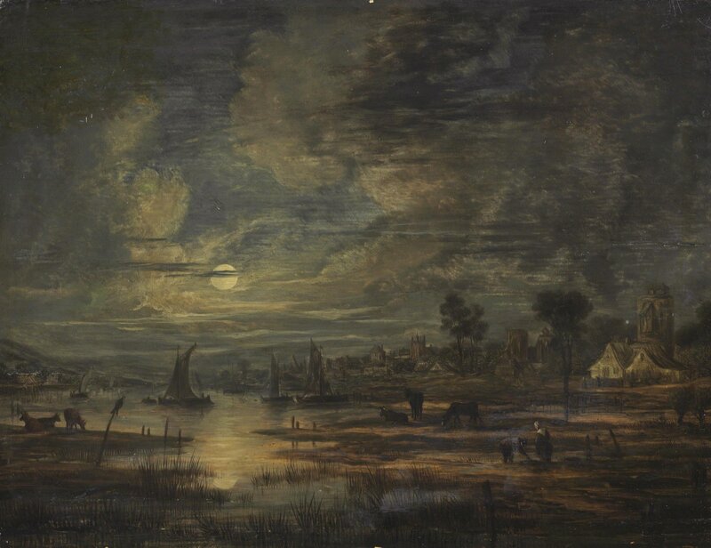Follower of Aert van der Neer, ‘A moonlit river landscape with boats, cows, figures and a town beyond’, Painting, Oil on Panel, Christie's Old Masters 