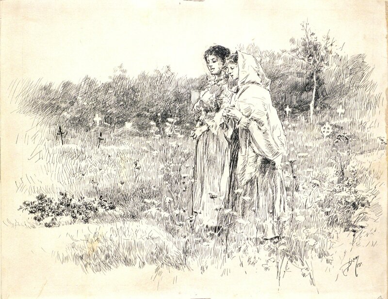 Robert Frederick Blum, ‘Two Girls Standing Before a Grave’, 1888, Drawing, Collage or other Work on Paper, Pen and black ink, border in pencil, on paper, Clark Art Institute