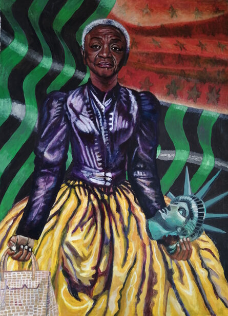 Eria Sane Nsubuga, ‘Queen Faith (Ringgold) holding a Hermes Birkin bag and a head of Libertas’, 2019