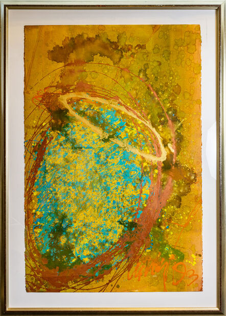 Dale Chihuly, ‘Dale Chihuly Signed Original Untitled Orange, Gold, Blue Macchia Acrylic and Watercolor Painting’, 1993