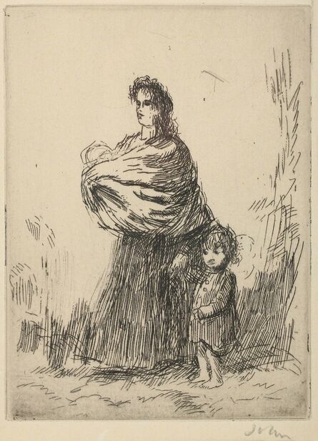 Augustus John, ‘A gypsy woman carrying a baby and holding a small child by the hand ’