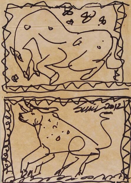 Sunil Das, ‘Bull & Horse Drawing, Pen & Ink on Paper by Padma Shree Artist Sunil Das "In Stock"’, 2012