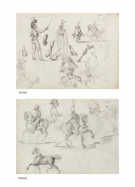 Théodore Géricault, ‘Studies of officers and cavaliers (recto), Studies of officers, cavaliers and two turbaned men, a portrait of Napoleon in profile (verso)’