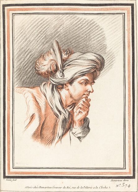 Atelier of Gilles Demarteau the Elder after Carle Van Loo, ‘Head of a Man Wearing a Plumed Turban’, 1772