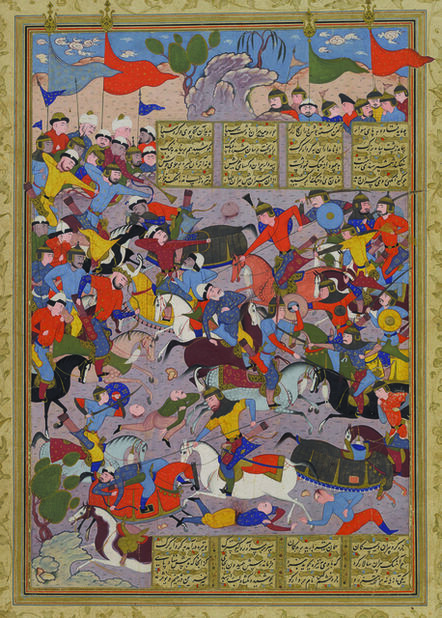 ‘Giv Charges into Battle against Piran, folio 185a from the Peck Shahnama’, 1589-1590