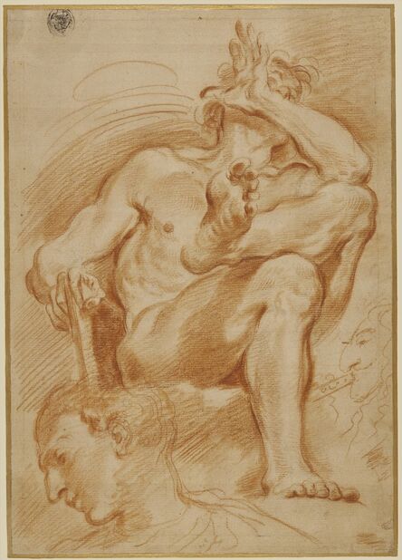 Domenico Maria Canuti, ‘Sheet of Studies: A Seated Nude Man, A Youthful Head and a Caricature Head of a Man Playing a Pipe’, 1669-1671