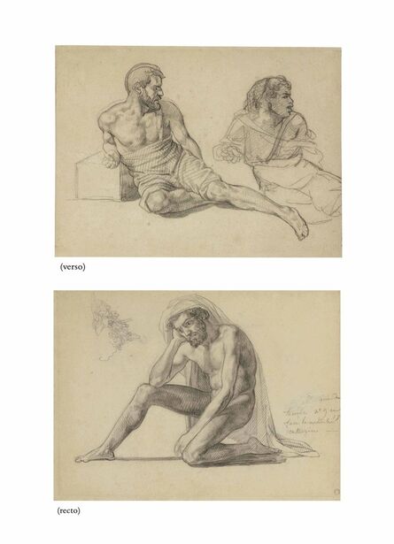 Théodore Géricault, ‘Study for the father in the Raft of the Medusa (recto); Two studies for the figure seated at the foot of the mast (verso)’