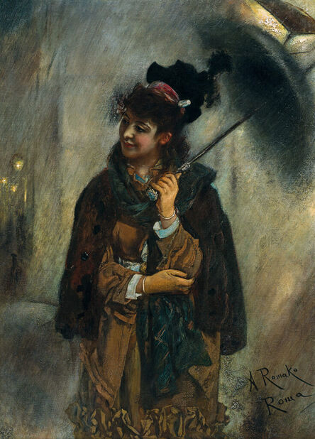 Anton Romako, ‘Young roman lady in the rain (night on the Via Veneto)’, 1873-1876