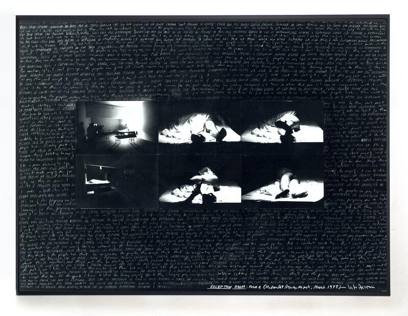 Vito Acconci, ‘Reception Room: Room 2’, 1973, Photography, 6 gelatin silver prints and chalk handwritten text on cardboard, Galleria Fumagalli