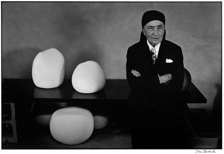 Georgia O’Keeffe with 3 pots by Juan Hamilton, Ghost Ranch, New Mexico, March