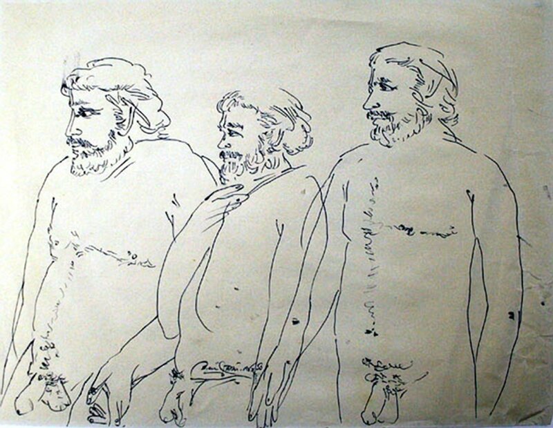 Laxma Goud, ‘Untitled (Three Bearded Men)’, 1980, Drawing, Collage or other Work on Paper, Ink on paper, Aicon Contemporary