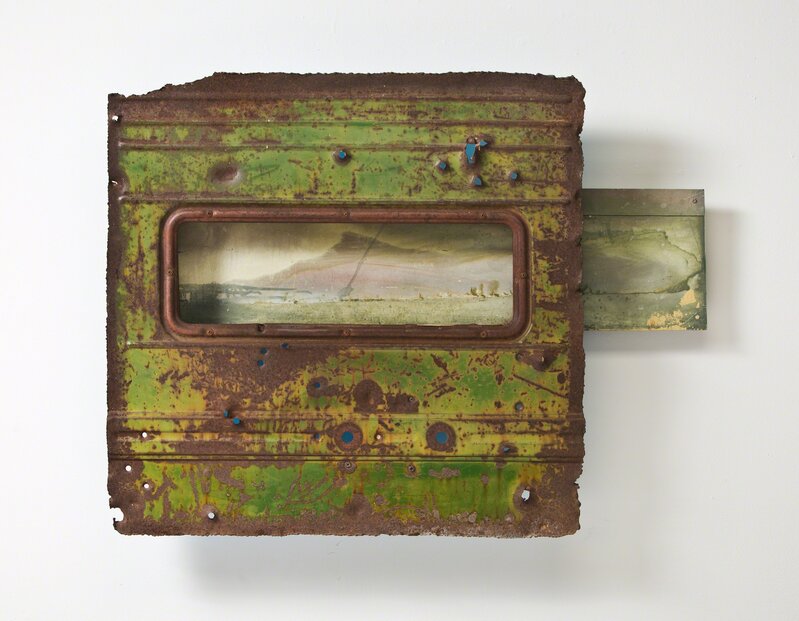 Glenn Carter, ‘Western Landscape Assemblage’, 2018, Mixed Media, Metal truck window panel, aluminum paint spray shield, rusted water heater steel on wood, Dama Gallery