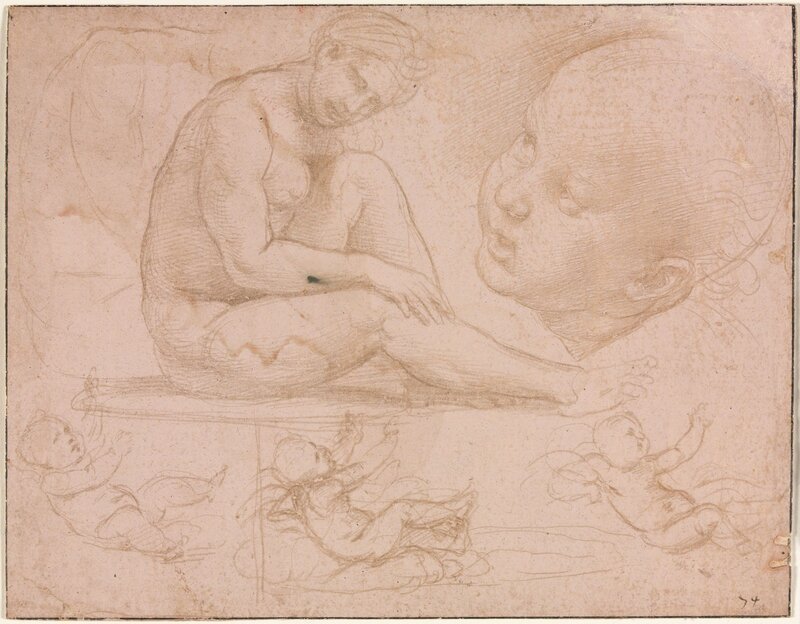 Raphael, ‘Studies of a Seated Female, Child's Head, and Three Studies of a Baby’, c. 1507-1508, Drawing, Collage or other Work on Paper, Silverpoint, Cleveland Museum of Art