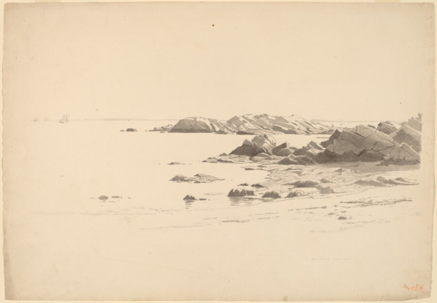 Rocklined Beach with Distant Boats