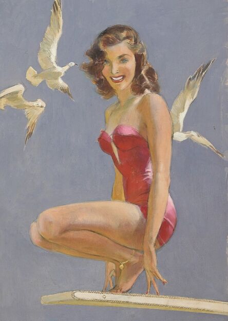 John Lagatta, ‘Woman in Red Swimsuit Perched on Diving Board, Three White Doves Around Her’, ca. 1950