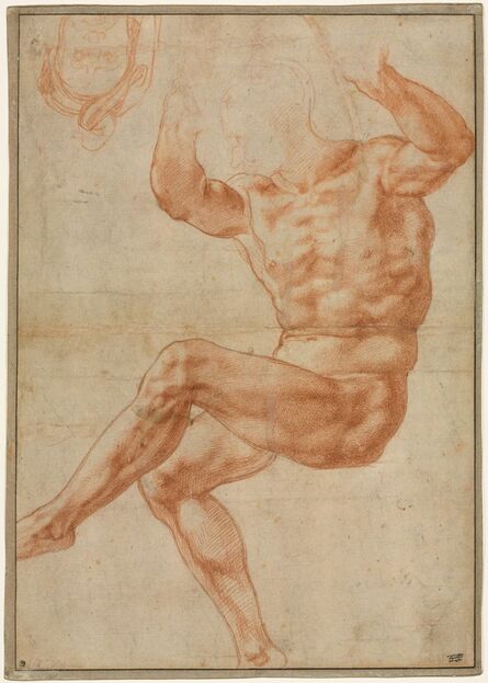 Michelangelo Buonarroti, ‘Study for the Nude Youth over the Prophet Daniel (recto)’, 1510-1511
