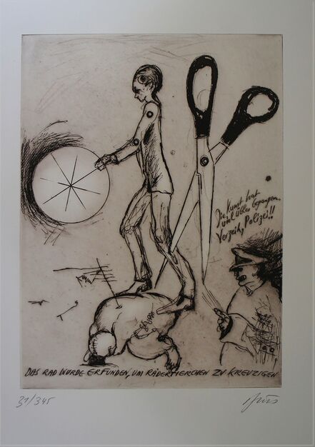 Günter Brus, ‘the wheel was invented to crucify the wheel-animal’, 2000