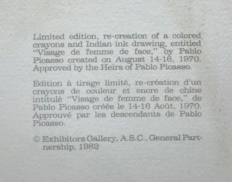 Pablo Picasso, ‘VISAGE DE FEMME DE FACE’, 1979-1982, Reproduction, LITHOGRAPH ON ARCHES PAPER, Gallery Art