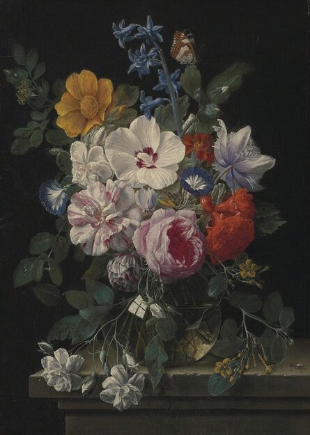 Nicolaes van Veerendael, ‘Flowers in a glass vase with a butterfly and beetle on a stone ledge’