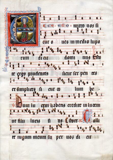 Regensburg School, ‘Saint Bartholomew in an initial 'E' on a leaf from a Medieval Antiphonal’, c. 1310