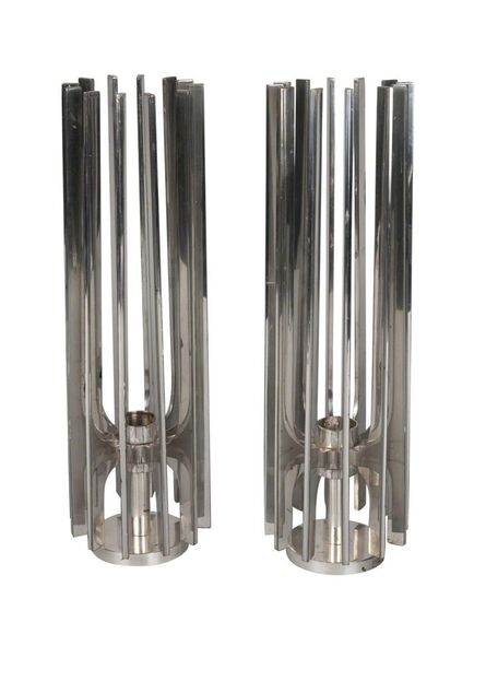 Alex Styles, ‘A pair of Modernist silver candlesticks, London c.1969, Garrard & Co. Ltd, single central candle holder with long radiating fins, base with designers facsimile signature’