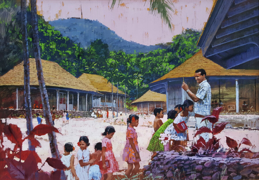 Hawaiian School. Teacher and children, Original Illustration Art for General Electric Calendar,